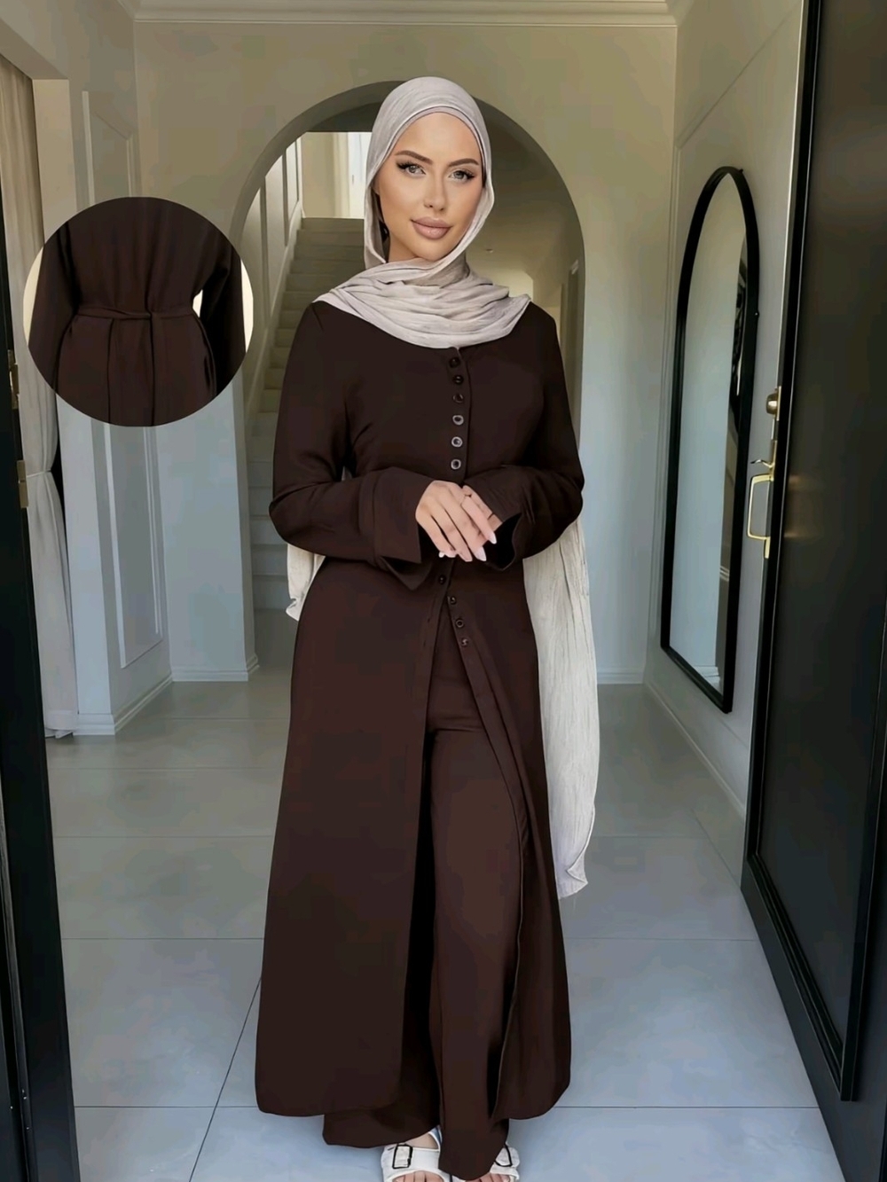 Elegant Brown Modest Maxi Dress with Button Front